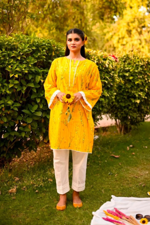 Sunshine Yellow Floral Print Tunic with Lace Trim