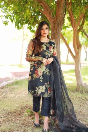 Sheer Black Floral Printed Organza Suit with Beaded Neckline