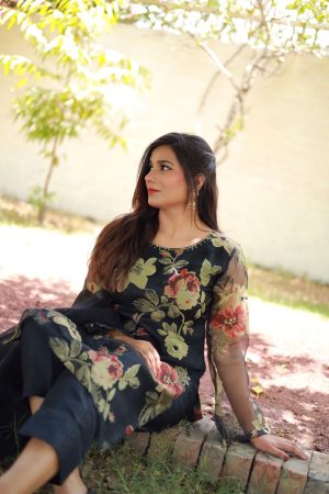 Alternative view of Sheer Black Floral Printed Organza Suit with Beaded Neckline