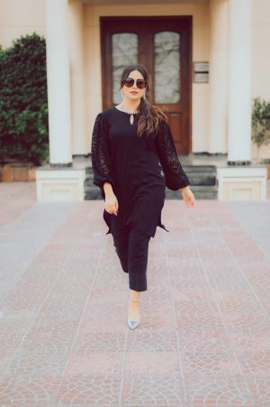 Luxury Black Shirt with Textured Balloon Sleeves